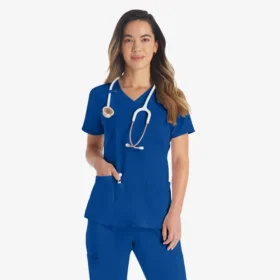 Blusa de trabajo con cuello en V Eds Essentials para mujer