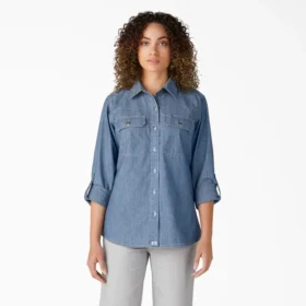 Camisas de trabajo de cambray con lengüeta enrollable para mujer