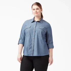 Camisas de trabajo de cambray con lengüetas para remangar para mujer tallas grandes