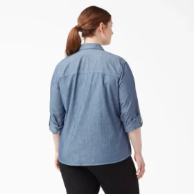 Camisas de trabajo de cambray con lengüetas para remangar para mujer tallas grandes