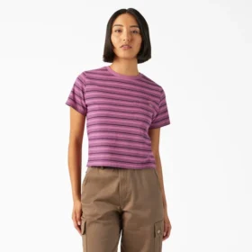 Camiseta corta a rayas con bolsillo para mujer