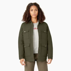 Chaqueta de trabajo de lona de algodón para mujer con forro polar de pelo largo