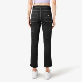 Pantalones de carpintero de corte recto ajustado con dobladillo enrollado para mujer
